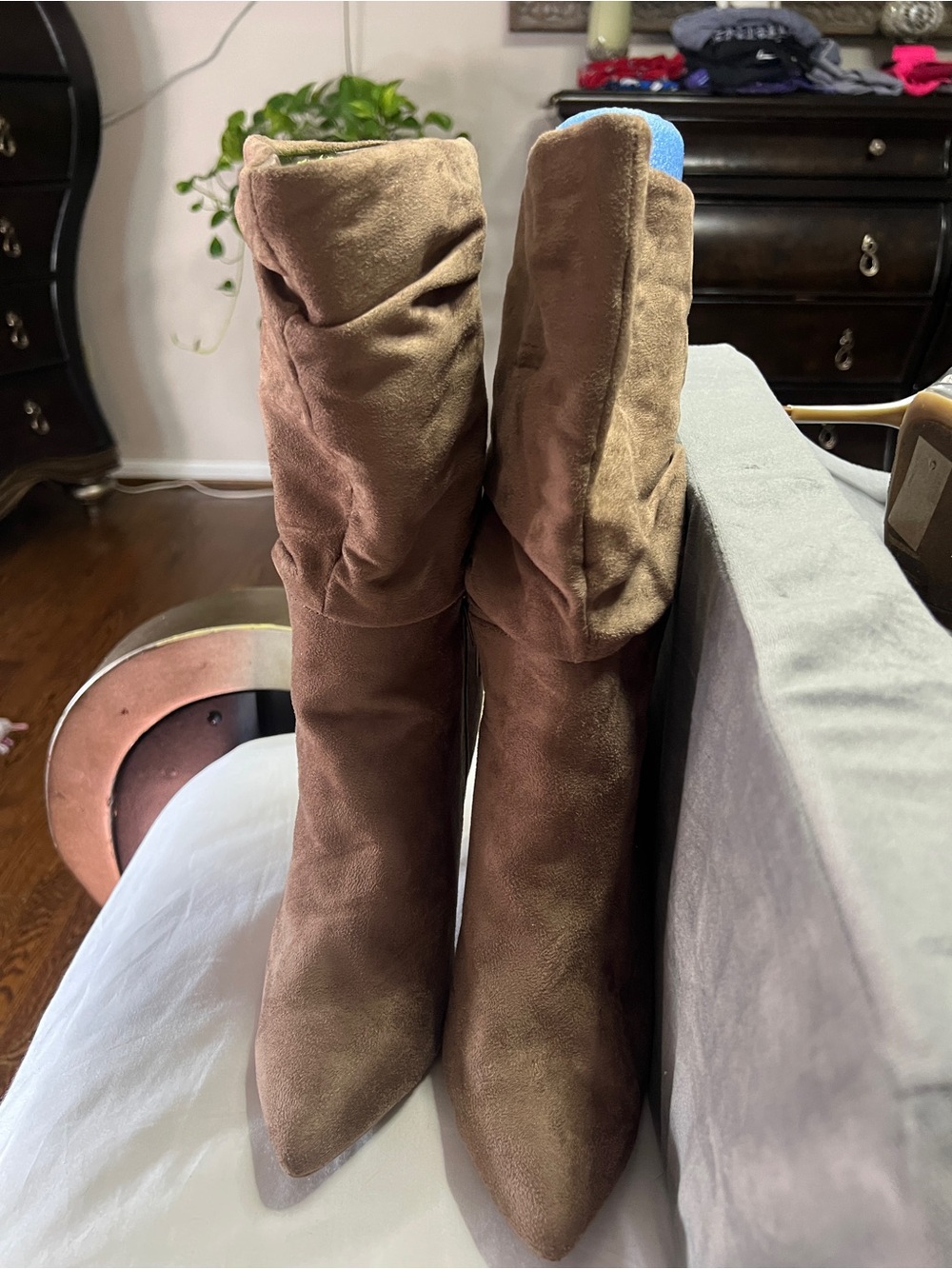 Women's Taupe Suede High-Heel Slouch Boots - Picture 2 of 3